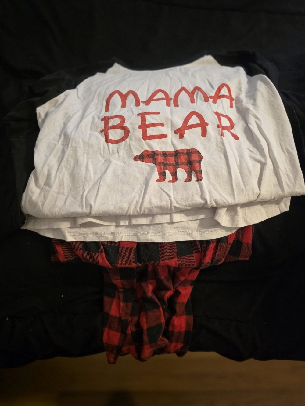 Mama Bear Kids Pajama Set - White Top with Red Buffalo Plaid